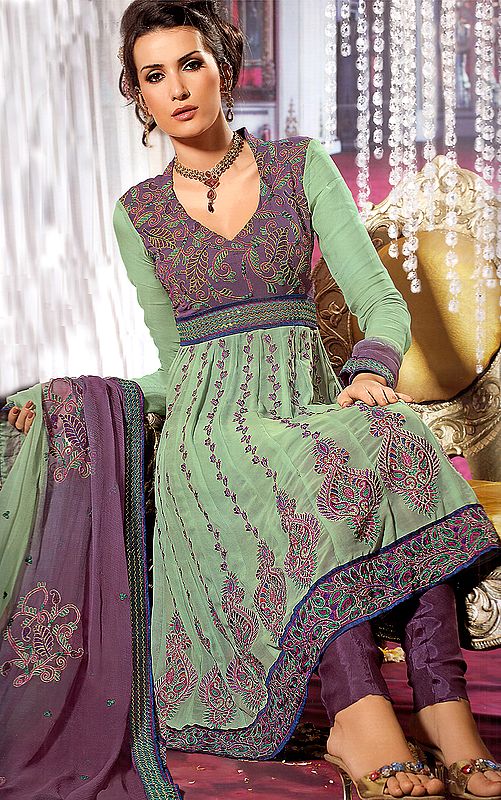 Basil Green and Mauve Flaired Choodidaar Suit with Aari-Embroidered Flowers All-Over