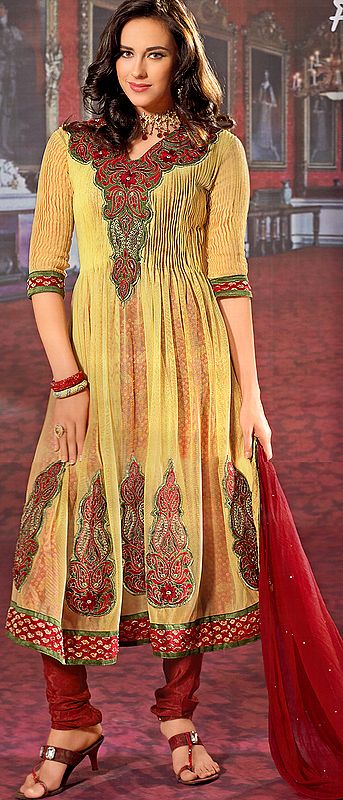 Powder-Yellow and Red Flaired Choodidaar Suit with Aari-Embroidery and Brocade Border