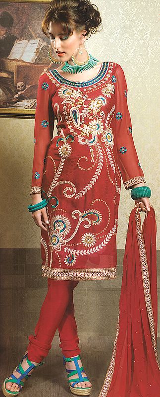Red Wedding Choodidaar Suit with All-Over Embroidery and Beadwork