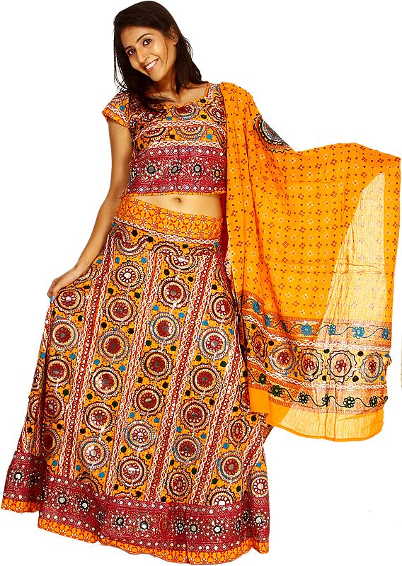 Zinnia-Yellow Ghagra Choli from Kutch with All-Over Embroidery and Sequins