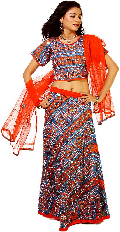 Heritage Blue and Orange Bandhani Printed Ghagra Choli with All-Over Embroidery and Large Sequins