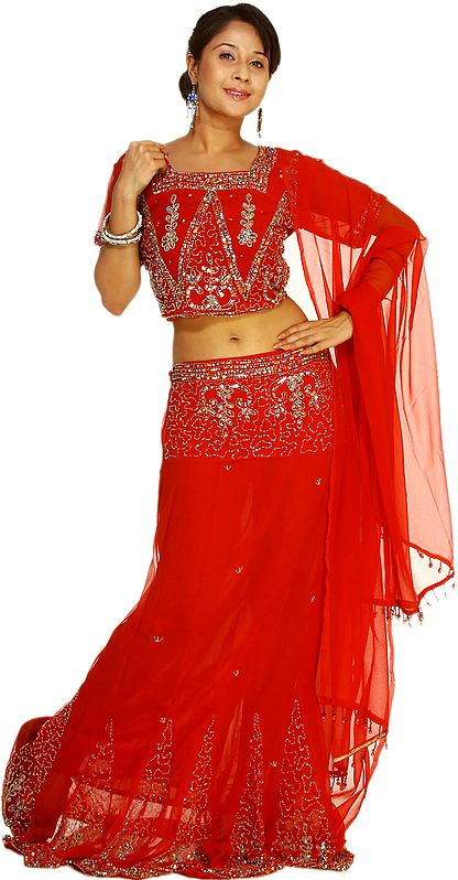 True-Red Bridal Lehenga Choli with Bead Work and Sequins