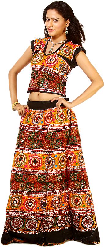 Black and Yellow Two-Piece Ghagra Choli from Kutch with All-Over Multi-Thread Embroidery, Mirrors and Sequins