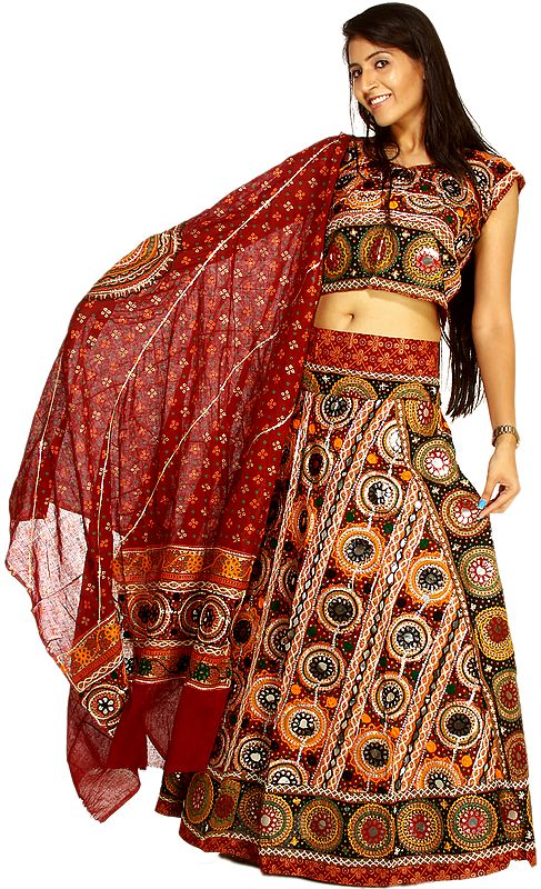 Multi-Color Lehenga Choli with All-Over Embroidered Chakras and Thread Work