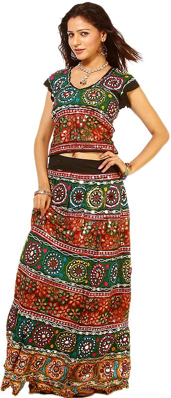 Black and Green Lehenga Choli with All-Over Multi-Thread Embroidery and Mirrors