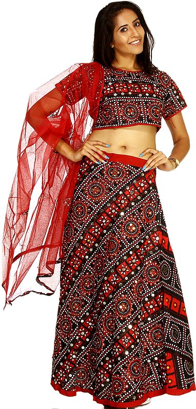 Black and Red Ghagra Choli from Jaipur with Bandhani Print