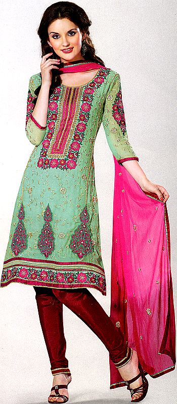 Lucite-Green Choodidaar Kameez Suit with Crewel Embroidered Flowers and Patch Border