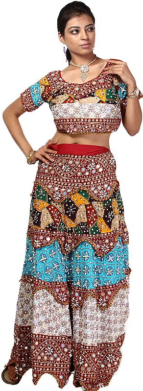 Tri-color Two Piece Printed Lehenga Choli Set from Kutch with Sequins and Beadwork