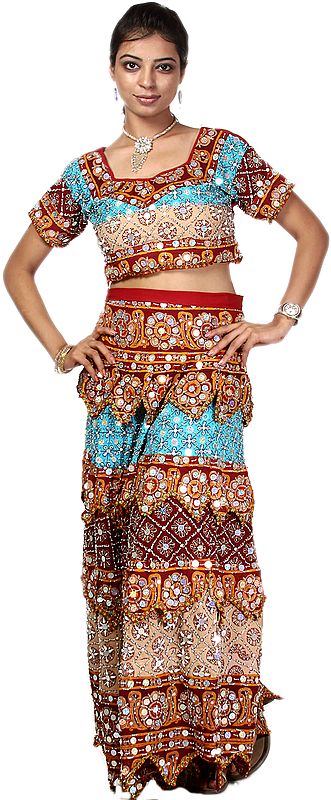 Tri-color Printed Lehenga Choli from Kutch with Sequins and Faux Pearls Embroidered by Hand