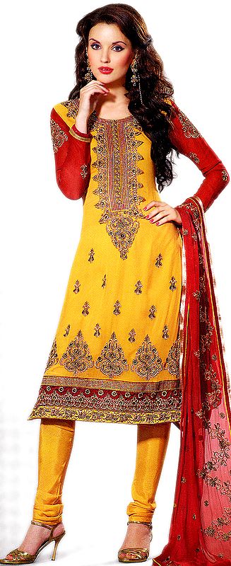 Yolk-Yellow Choodidaar Kameez Suit with Golden Thread Embroidery and Sequins