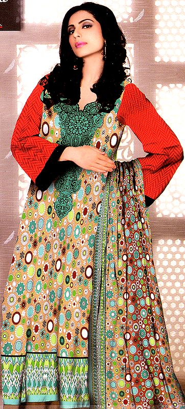 Beige Long Salwar Kameez Suit from Pakistan with Printed Ovals and Flowers