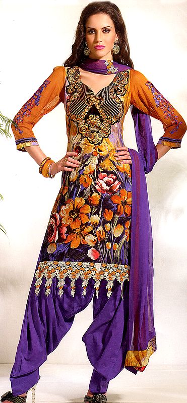 Passion Purple Salwar Kameez Suit with Printed Tulips and Crochet Border