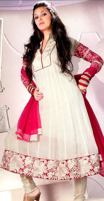 Ivory Flaired Kameez Wedding Suit with Crewel Embroidered Flowers on Neck and Patch Border