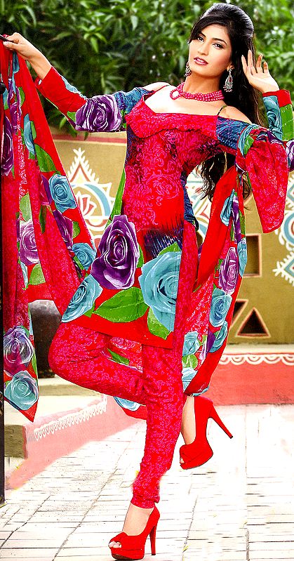 True-Red Choodidaar Kameez Suit with Large Printed Roses