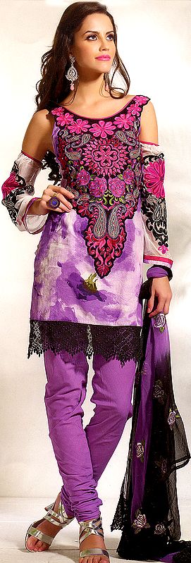 Passion-Purple Choodidaar Kameez Suit with Embroidered Flowers and Crochet Border