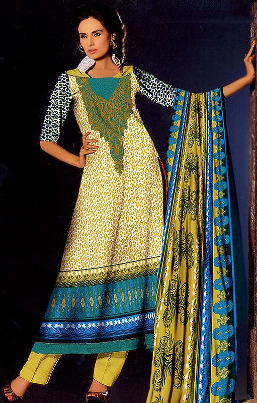 Old-Gold Long Salwar Suit from Pakistan with Embroidery on Neck and Parallel Salwar
