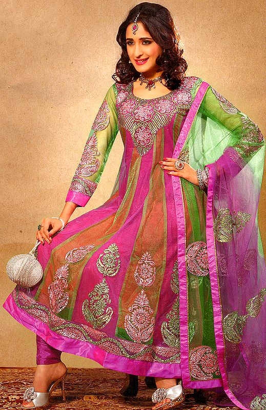 Rainbow Designer Flared Kameez and Choodidaar Suit with Embroidered Paisleys and Patch Work