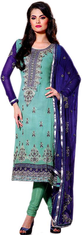 Ceramic-Green and Blue Designer Suit with Metallic Thread Embroidery and Sequins