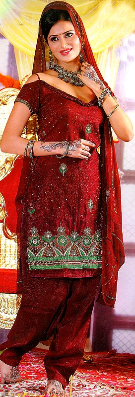 Garnet-Red Bridal Salwar Kameez with Crewel Embroidered Flowers and Sequins