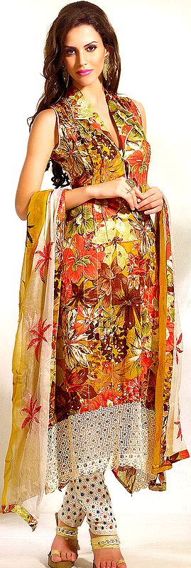 Oil-Yellow Long Choodidaar Kameez Suit with Large Printed Flowers and Crochet Border