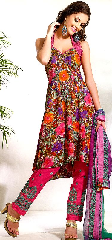 Camellia-Rose Designer Parrallel Suit with Printed Flowers