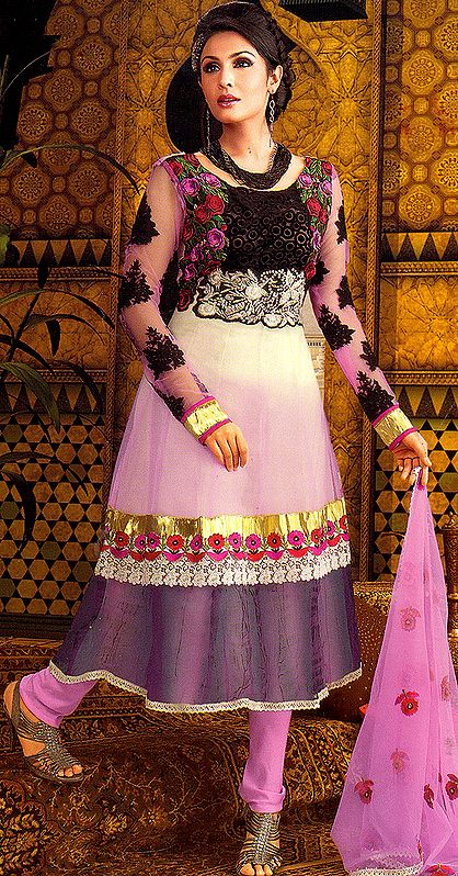Ivory and Pink Shaded Anarkali Choodidaar Suit with Crewel Embroidered Flowers on Neck and Crochet