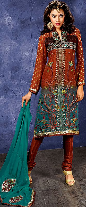 Rust and Sea Green Choodidaar Kameez Suit with Metallic Thread Embroidery and Patch Border