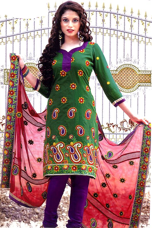 Pepper-Green Choodidaar Kameez Suit with Metallic Thread Embroidered Paisleys and Floral Border