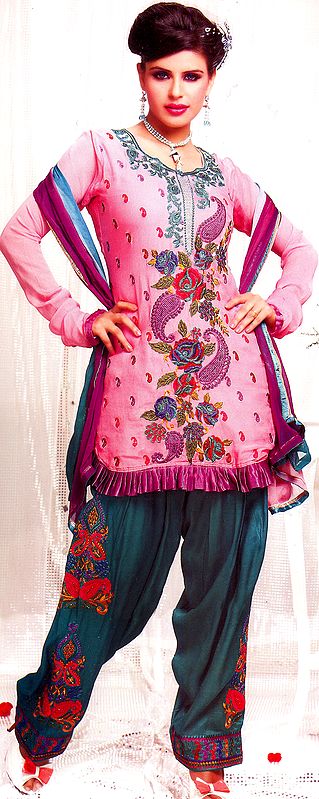 Cameo-Pink Patiala Salwar Kameez Suit with Crewel Embroidered Paisleys and Sequins