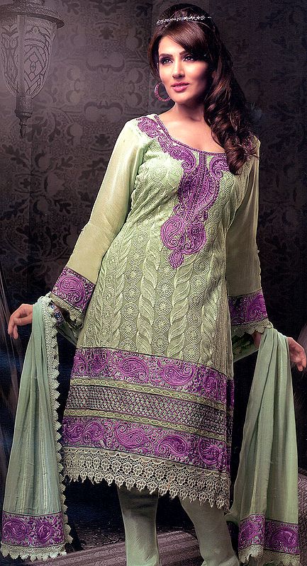 Mint-Green Designer Choodidaar Kameez Suit with Self-Colored Embroidery All-Over and Crochet Border