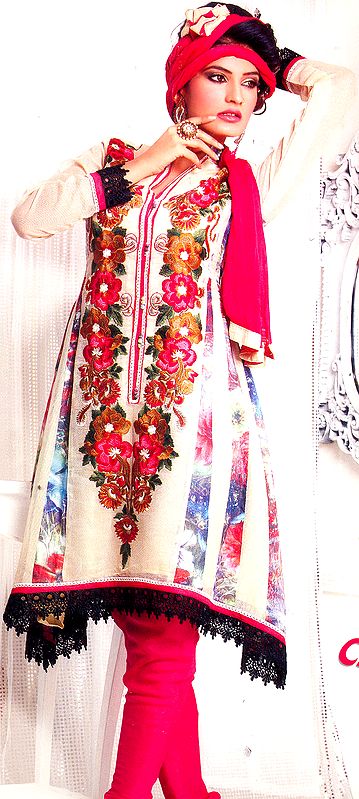 Ivory Choodidaar Kameez Suit with Large Aari Embroidered Flowers and Crochet Border