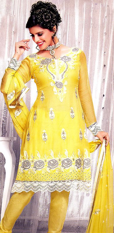 Daffodil-Yellow Choodidaar Kameez Suit with Metallic Thread Embroidered Flowers and Crochet Border