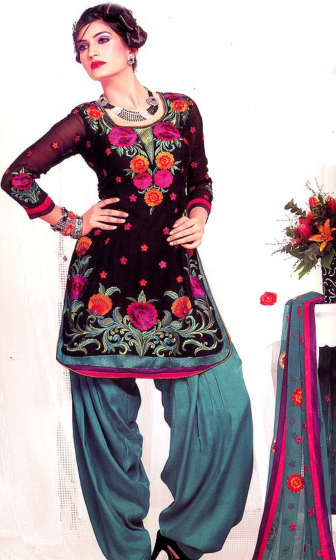 Cavier-Black Patiala Salwar Kameez Suit with Aari Embroidered Flowers