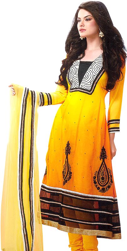 Citrus-Yellow Churidar Kameez Suit with All-Over Sequins and Gota Border