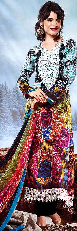 Multi-Color Digital Printed  Choodidaar Kameez Suit with Crochet Border