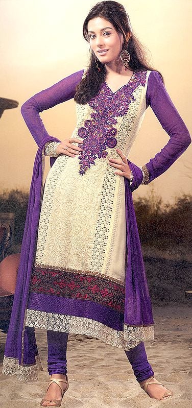 Ivory and Purple Churidar Kameez Suit with Self-Colored Chikan Embroidery and Crochet Border