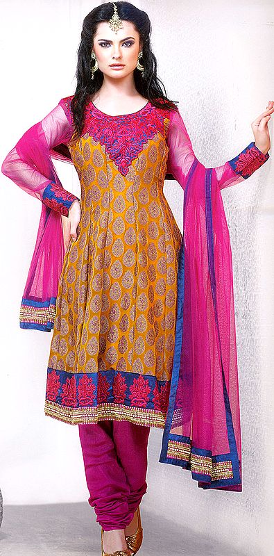 Amber-Yellow and Fuchsia Choodidaar Kameez Suit with Embroidery on Neck and Brocaded Flowers