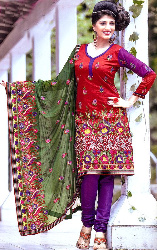 True-Red Choodidaar Kameez Suit with Crewel Embroidered Flowers and Gota Border
