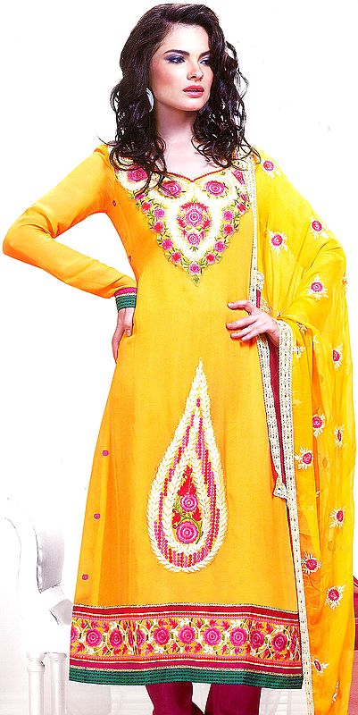 Daffodil-Yellow Choodidaar Kameez Suit with Crewel Embroidered Flowers on Neck and Patch Border