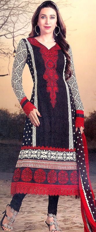 Black and Red Choodidaar Kameez Suit with Chikan Embroidery and Crochet