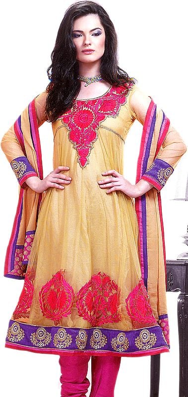 Khaki Churidar Kameez Suit with Crewel Embroidery on Neck and Patch Border