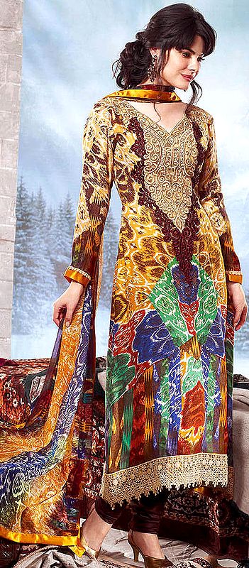 Multi-Color Choodidaar Kameez Suit with Embroidery on Neck and Crochet Border