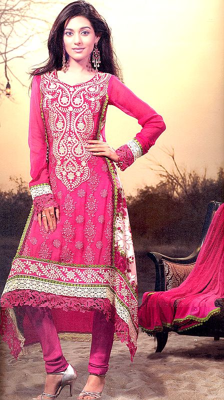 Fushia Choodidaar Kameez Suit with Self-Colored Embroidery and Crochet Border