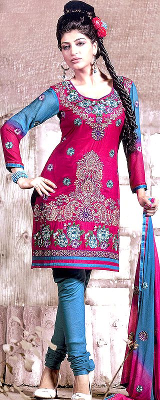 Hot-Pink Choodidaar Kameez Suit with Crewel Embroidered Flowers and Beads