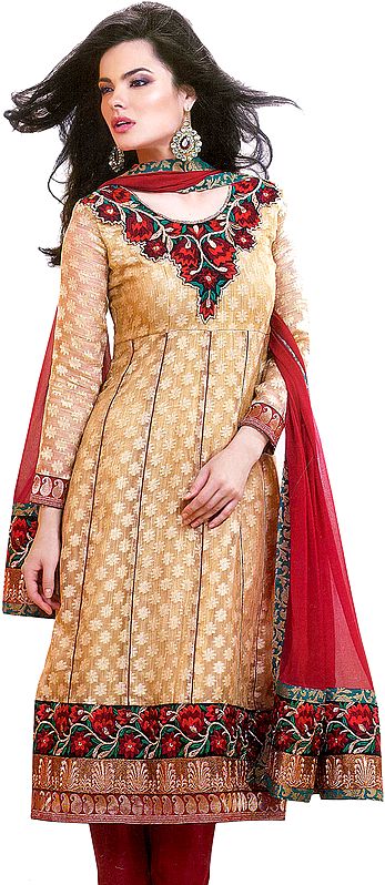 Beige Choodidaar Kameez Suit with Crewel Embroidered Flowers on Neck and Patch Border