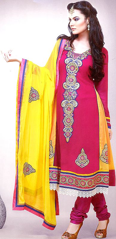 Cerise-Red Choodidaar Kameez Suit with Metallic Thread Embroidery and Crochet Border