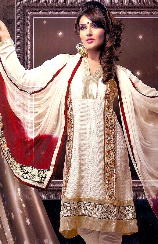 Ivory Choodidaar Kameez Suit with Chikan Embroidery and Gota Border