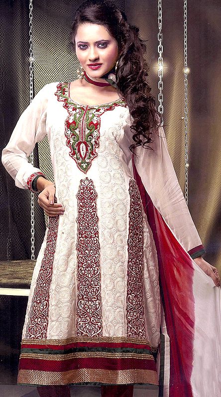 Chic-White Chudidar Kameez Suit with All-Over Chikan Embroidered Flowers and Gota Border