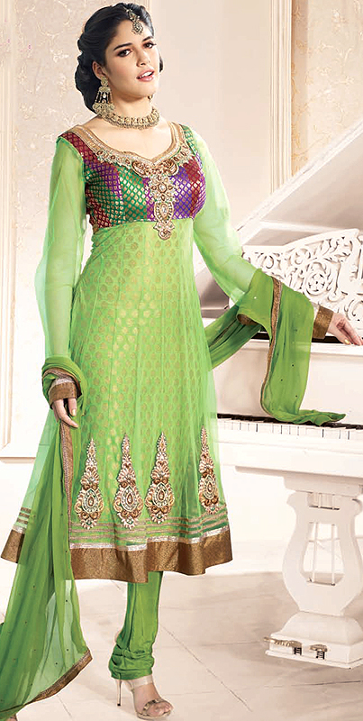 Fern-Green Anarkali Brocaded Kameez Suit with Embroidered Bootis