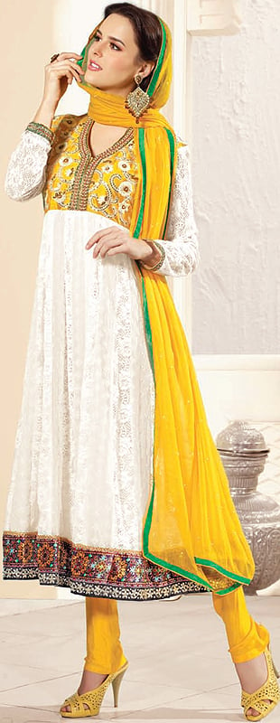 Wineter-White and Yellow Designer Anarkali Kameez Suit with Self-Weave and Velvet Patch Border